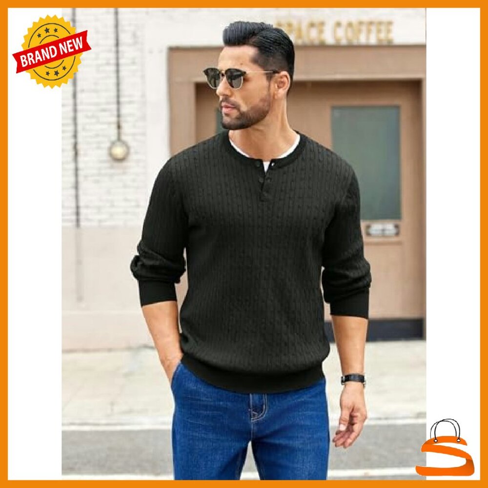 Men's Cable Knit Henley Sweater Long Sleeve Button Down Pullover - Picture 3 of 7